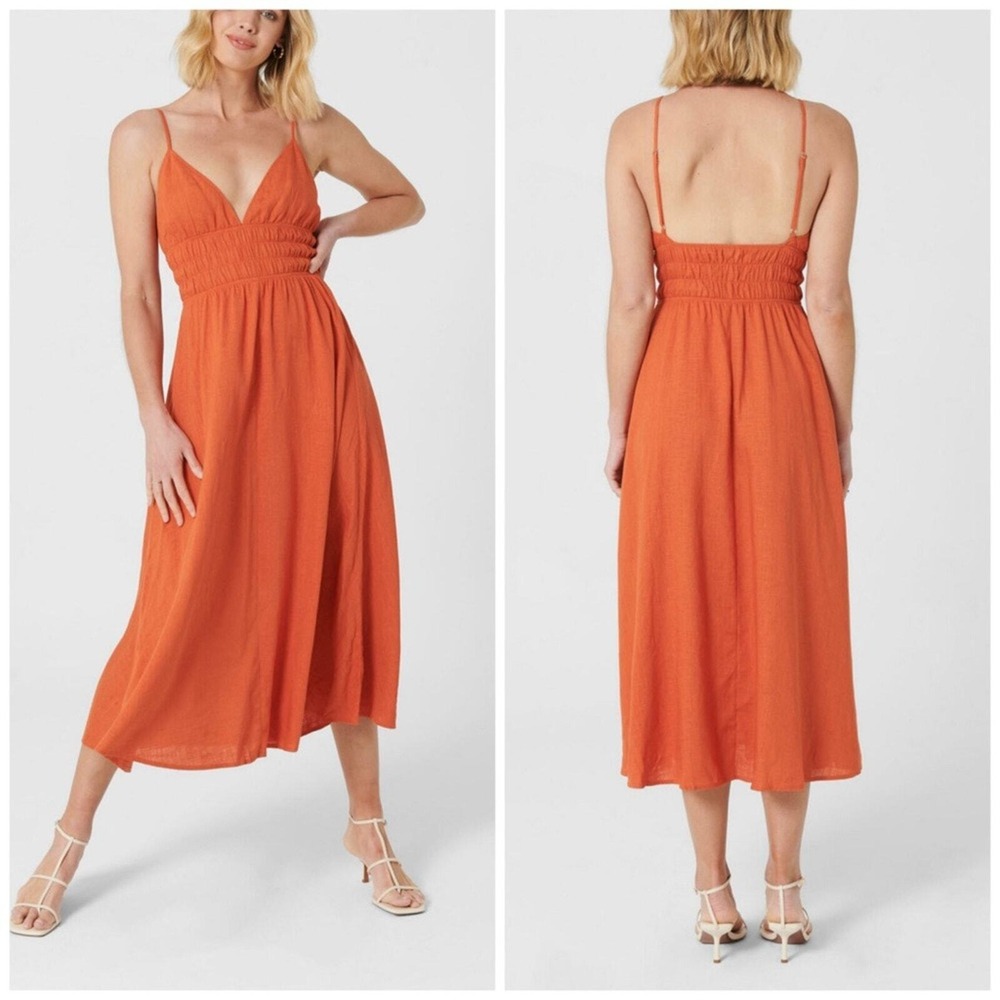 MVN The Label Orange Linen Blend Smocked Waist V-Neck Midi‎ Dress US 10 XL